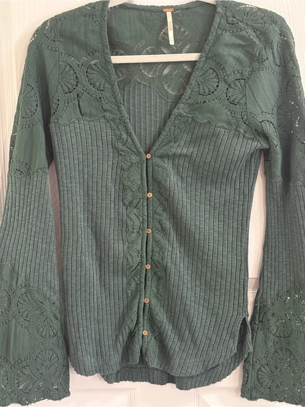 Free People M Forest Green Lace Ribbed Button Tunic Boho Cottagecore
